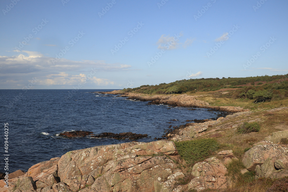 Naklejka premium coast on the island of Bornholm in the Baltic Sea, traveling around Europe, Holidays on the island, amazing places in Europe