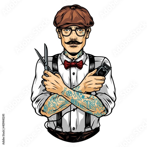 Stylish barber in irish cap and glasses