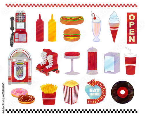 American diner watercolor style illustration set material photo