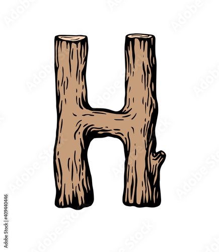 Colored engraving Letter H made of wood with leaves on the white background