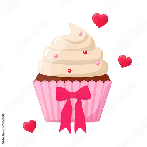 Festive decorated cupcakes for Happy Valentines Day with pink bow.