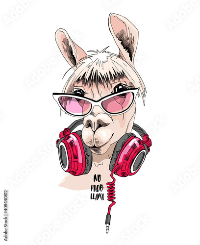 Funny poster. Portrait of Llama in a pink sunglasses and with a headphones. No probllama - lettering quote. Humor card, t-shirt composition, hand drawn style print. Vector illustration.