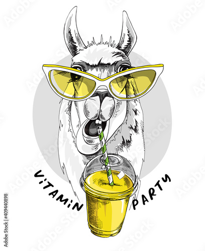 Adorable Llama in a yellow glasses with a Plastic Cup Mockup of Smoothie. Humor card, t-shirt composition, hand drawn style print. Vector illustration.