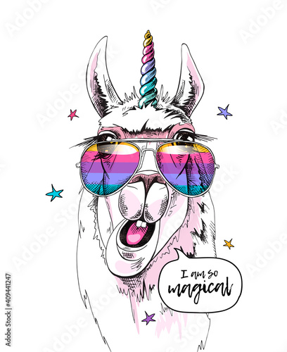 Photo Fun Llama in a unicorn mask: rainbow glasses and horn