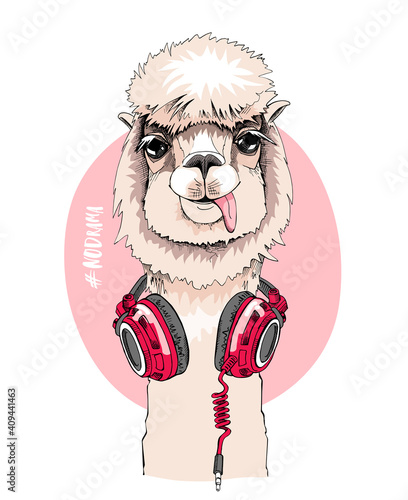 Funny poster. Portrait of Llama with a headphones. #No drama - lettering quote. Humor card, t-shirt composition, hand drawn style print. Vector illustration.