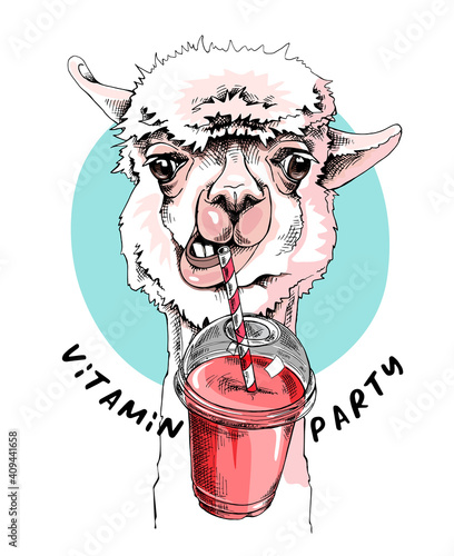 Adorable Llama with a Plastic Cup Mockup of Smoothie. Humor card, t-shirt composition, hand drawn style print. Vector illustration.