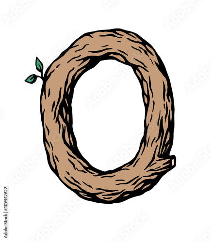 Colored engraving Letter O made of wood with leaves on the white background