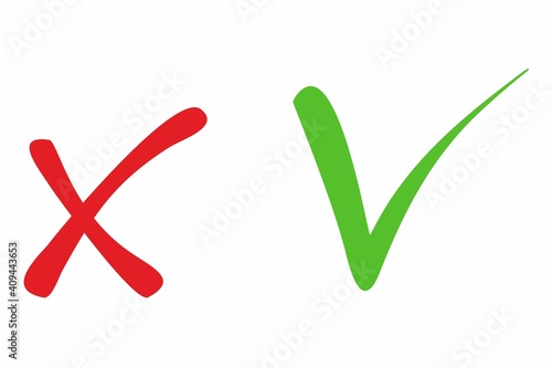 Handwritten green check mark and red X mark - vector