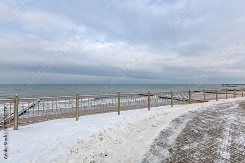 Winter seascape with Baltic Sea waters, horizon and cloudy sky in Kaliningrad region, Russia © ironstuffy