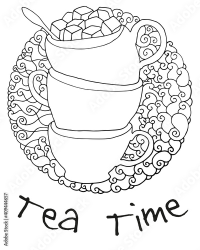 Illustration with the words Tea Time with three cups on an abstract background in Doodle style. Vector EPS 10