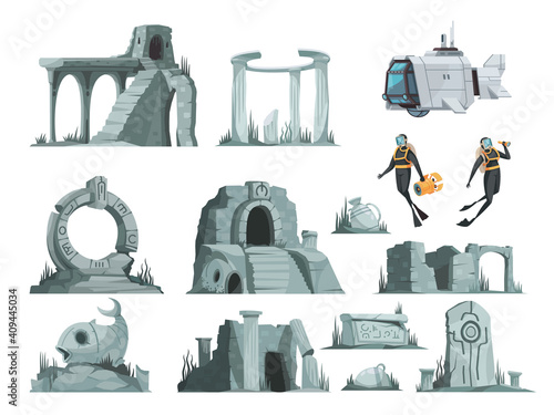 Atlantis Ruins Cartoon Set