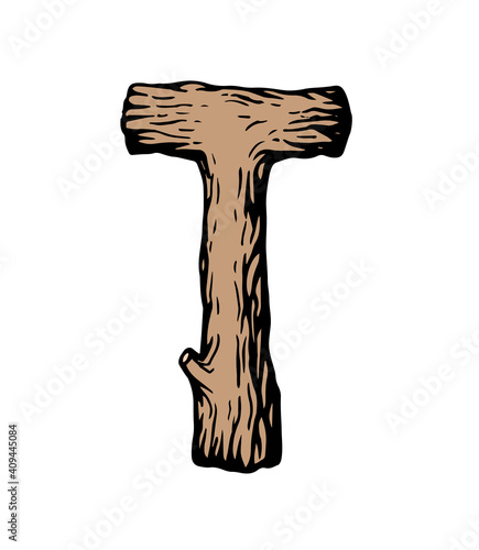 Colored engraving Letter T made of wood with leaves on the white background