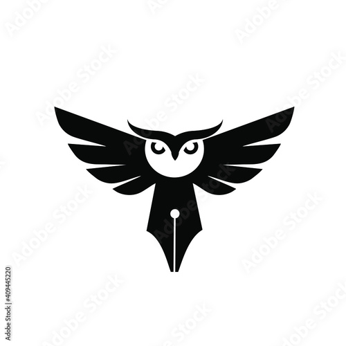 Owl pen, smart pen logo concept owl bird with fountain pen nib vector icon illustration design