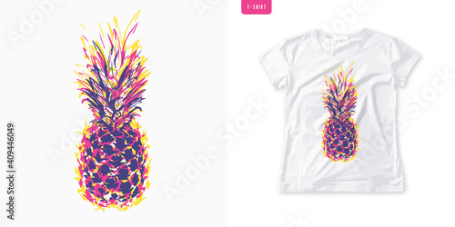 Summer graphic womens tee with pineapple, stylish print, vector illustration
