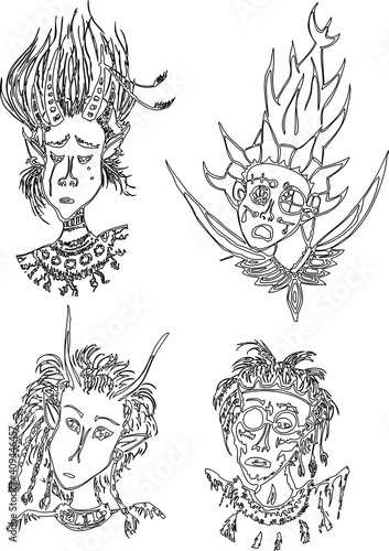 Contour drawings of portraits various fantasy witches