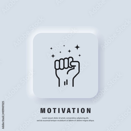 Motivation icon. Fist up. Success, strenght concept. Fist of a man's hand. Protest. Vector. UI icon. Neumorphic UI UX white user interface web button.