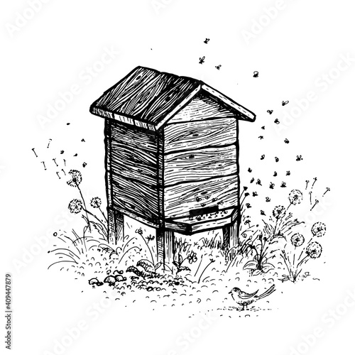 Bee hive, drawing. A collection of farm products.