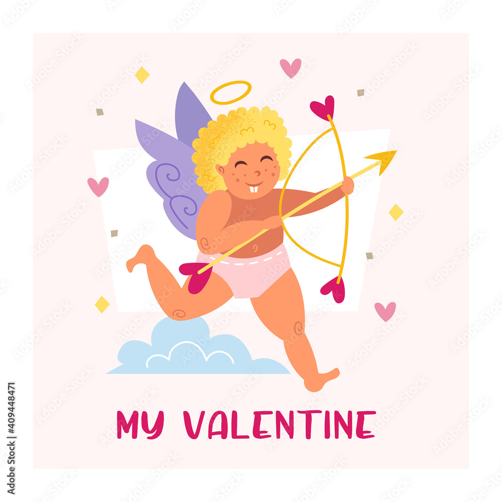 Funny cupid with arrow, bow and halo. Angel, child. Running boy. St Valentine's Day greeting card design. Flat vector illustration. Funny cupid with arrow, bow and halo. Angel, child. Running boy. St Valentine's Day greeting card design. Flat vector illustration.