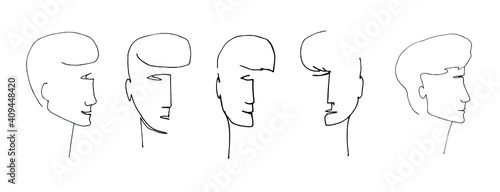 A modern portrait drawn with lines. A set of faces with expressive emotions in a modern style. Male portraits isolated on a white background. Set of vector illustrations