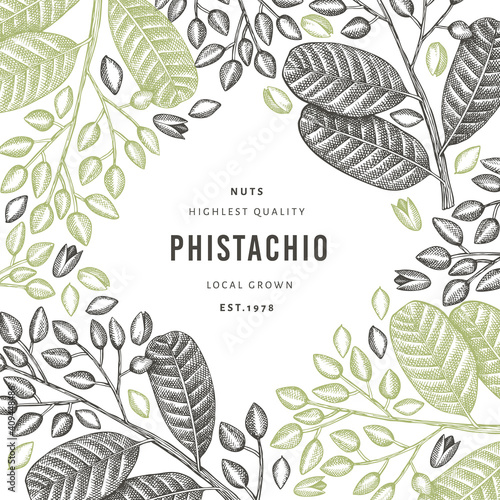 Hand drawn phistachio branch and kernels design template. Organic food vector illustration on white background. Retro nut illustration. Engraved style botanical banner.