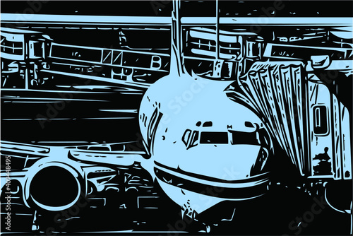 Vector drawing in the style of noir - a passenger plane stands at the airport