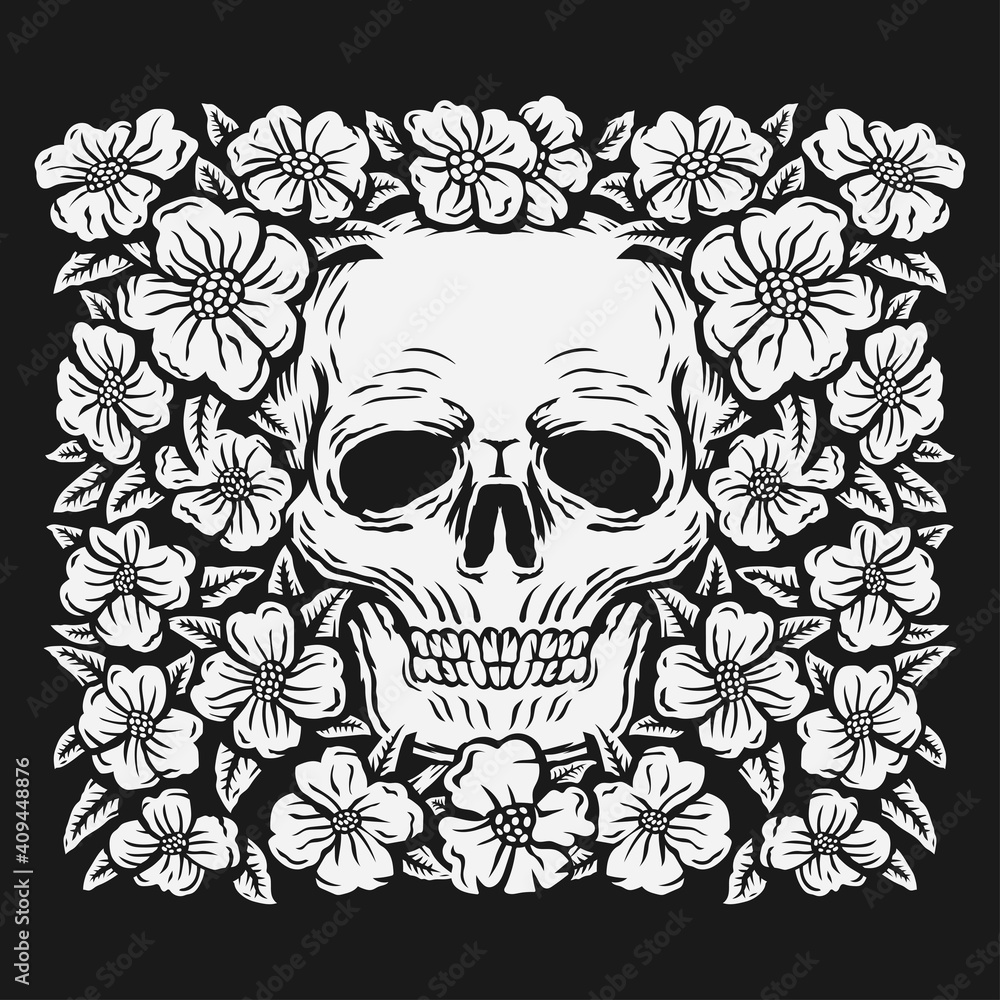 Fototapeta premium hand drawing skull surrounded by rose flower vector illustration