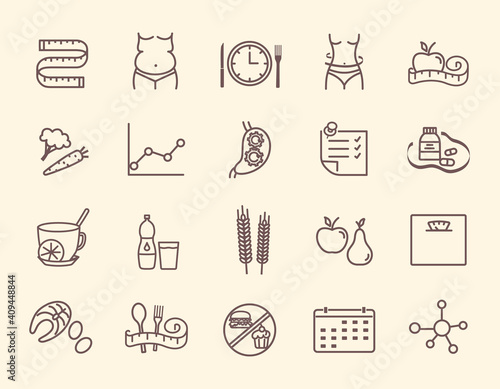 Nutritionist outline icons set. Dieting, food, fit body and other signs and symbols. Pictograms for overweight treatment. Editable Strokes. Set of isolated flat vector illustrations