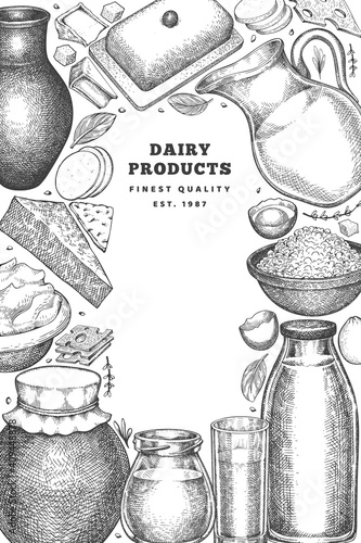 Farm food design template. Hand drawn vector dairy illustration. Engraved style different milk products and eggs banner. Retro food background.