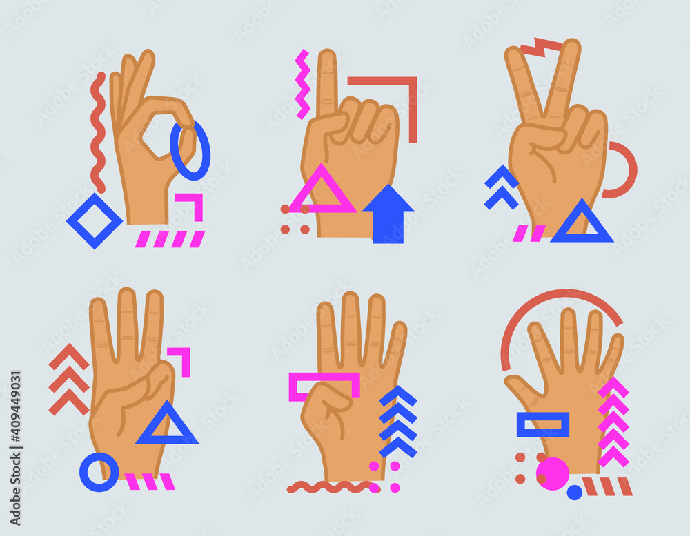 Hands showing numbers one, two, three, four, five. Colorful small geometric particles and dots. Set of flat cartoon outline vector illustrations with design elements isolated on white background