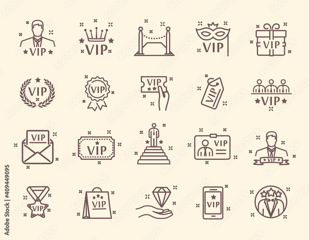 VIP related line vector icons. Contains such Icons as special guests list, VIP lounge, red carpet and more. Editable stroke. Pixel Perfect. Set of isolated flat outline vector icons