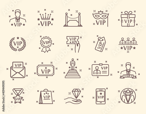 VIP related line vector icons. Contains such Icons as special guests list, VIP lounge, red carpet and more. Editable stroke. Pixel Perfect. Set of isolated flat outline vector icons