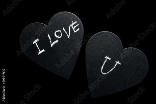 Black greeting  card I love you with two black hearts 