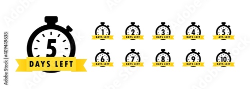 5 days left icon set. Countdown of days remaining. Offer timer, sticker limited to a few days. Vector EPS 10. Isolated on white background