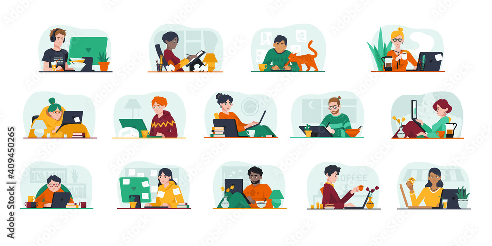 Fototapeta premium Remote work and freelance concept. Freelancers and IT specialists at work and working distantly. Set of flat cartoon vector illustrations with fictional characters isolated on white background.