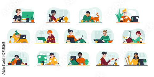 Remote work and freelance concept. Freelancers and IT specialists at work and working distantly. Set of flat cartoon vector illustrations with fictional characters isolated on white background.