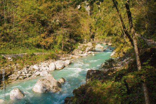 The Tolminka River flowing through Tolmin Gorge in the Triglav National Park, north western Slovenia. The lower Devil's Bridge can be seen in the centre 