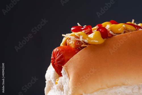 Принти на полотні .Brazilian style hot dog, with mustard, ketchup and potato straw. Copy space