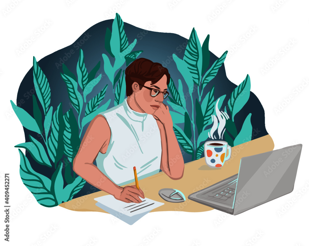 Girl with laptop sitting among the leaves. Concept illustration for work, education, study at home, work at home Girl with laptop sitting among the leaves. Concept illustration for work, education, study at home, work at home