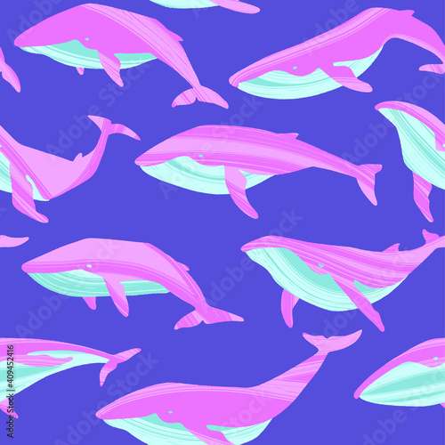 Repeated texture with hand drawn marine mammals  blue whale  white whale and sperm whale.