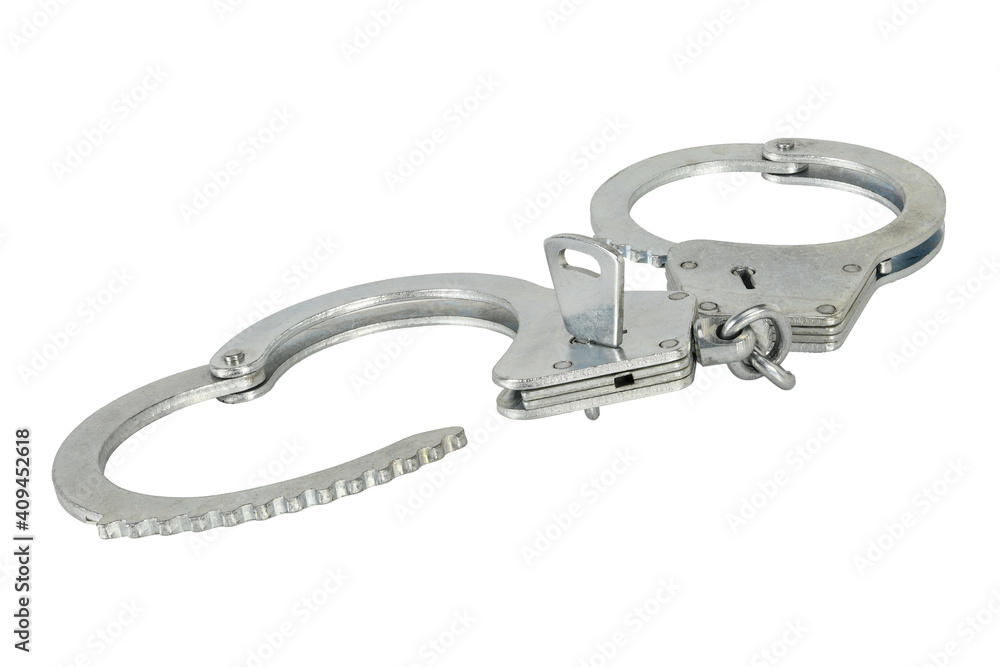 Handcuffs with key and one opened isolated on white background without shadows. Pair of silver handcuffs macro close-up high resolution. Handcuffs with key and one opened isolated on white background without shadows. Pair of silver handcuffs macro close-up high resolution.