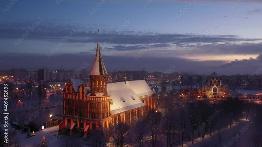 Aerial view of the Cathedral in Kaliningrad in the winter, sunrise time Aerial view of the Cathedral in Kaliningrad in the winter, sunrise time