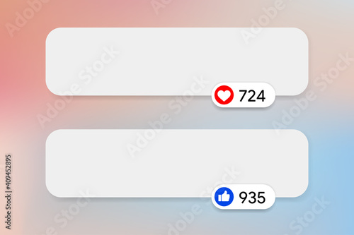 Text area with likes. Social media reaction. Heart and thumb up. New post with reactions. Web banner mockup. Mobile app message. Instagram, Facebook and YouTube followers.