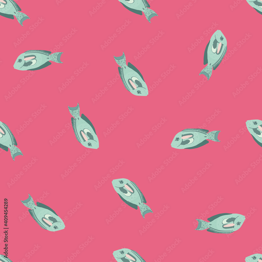 Cartoon seamless random pattern with simple surgeon fish ornament. Pink background. Doodle style. Cartoon seamless random pattern with simple surgeon fish ornament. Pink background. Doodle style.