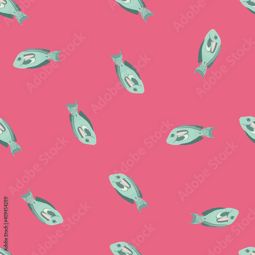 Cartoon seamless random pattern with simple surgeon fish ornament. Pink background. Doodle style.