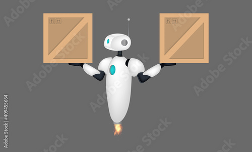 White flying robot holds a box in his hand. Delivery and trucking concept. Realistic style. Vector illustration.