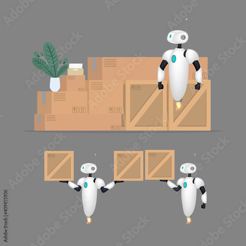 Set of White flying robots with boxes. Delivery and trucking concept. Realistic style. Vector illustration.
