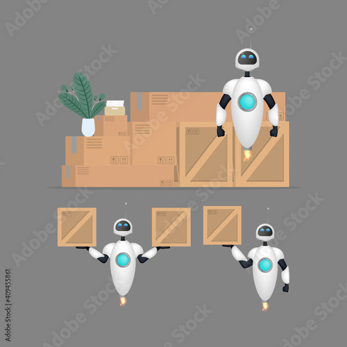 Set of White flying robots with boxes. Delivery and trucking concept. Realistic style. Vector illustration.