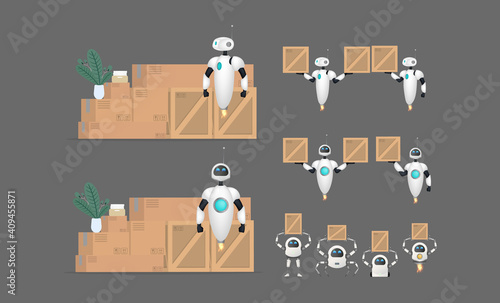 Big Set of White flying robots with boxes. Delivery and trucking concept. Realistic style. Vector illustration.