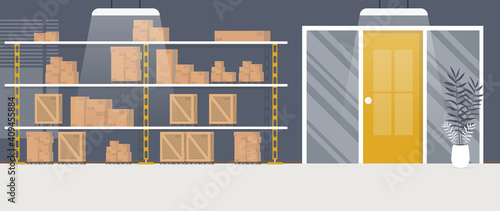 Warehouse with racks and boxes. Large warehouse. Cartoon style. Vector illustration.