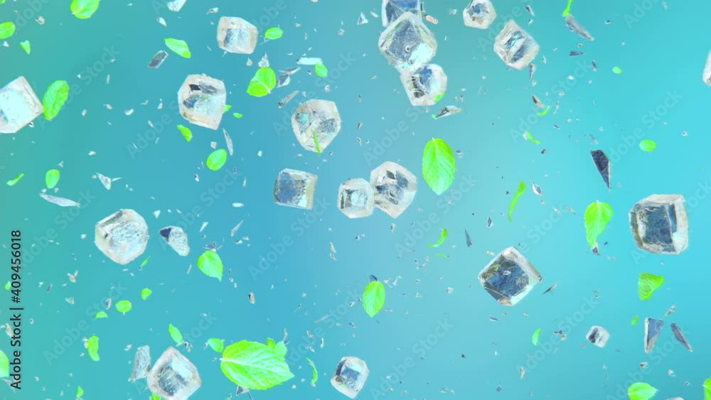 Exploding frosted ice cubes with mint leaves in 4K Slow motion Exploding frosted ice cubes with mint leaves in 4K Slow motion